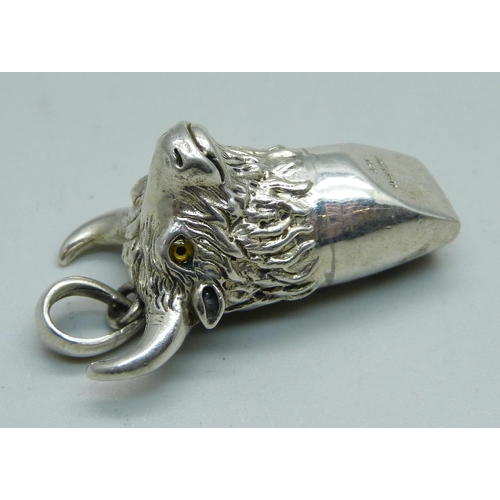 885 - A 925 silver bulls head whistle pendant