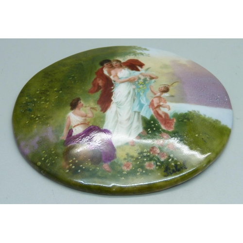 887 - A domed oval German hand painted porcelain plaque, entitled, Arbend, signed Siebel, 93mm wide