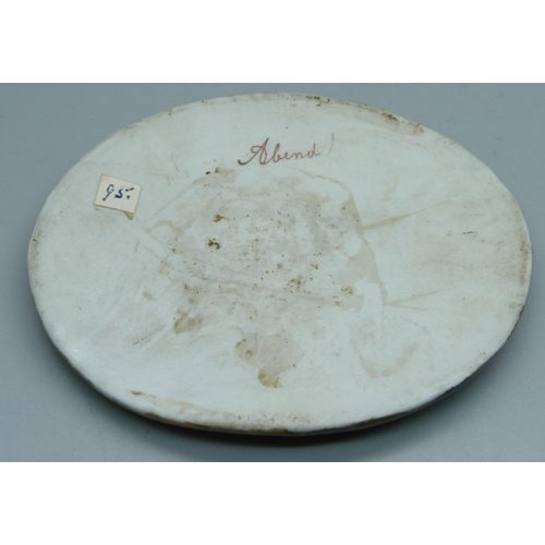 887 - A domed oval German hand painted porcelain plaque, entitled, Arbend, signed Siebel, 93mm wide