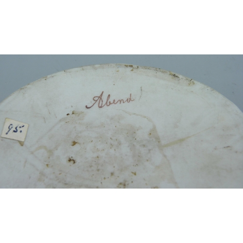 887 - A domed oval German hand painted porcelain plaque, entitled, Arbend, signed Siebel, 93mm wide