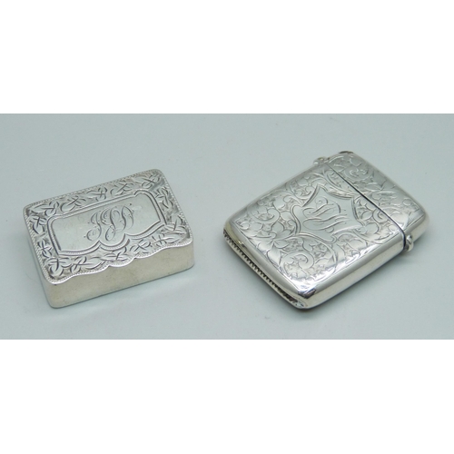 888 - A late Victorian silver vesta and pill box, Birmingham 1899 and 1900