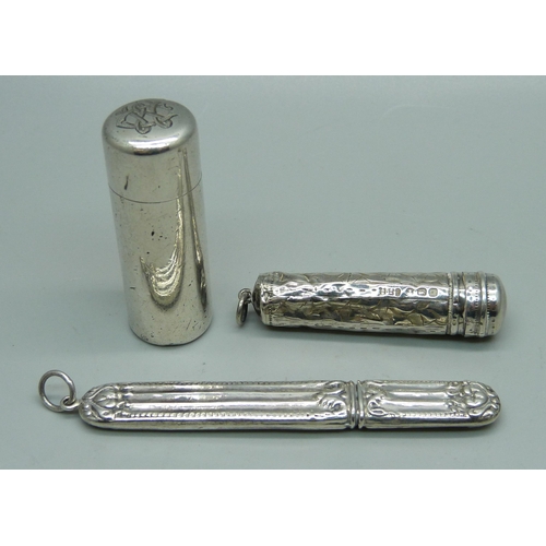 889 - A Victorian silver scent bottle, London 1883 by Sampson Mordan, lacking stopper, a silver cheroot ca... 