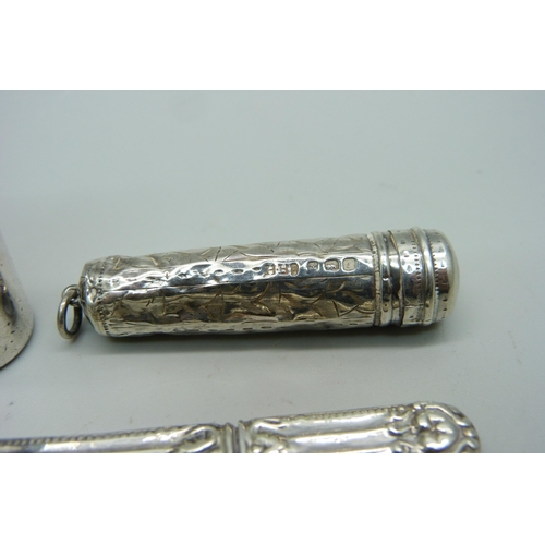 889 - A Victorian silver scent bottle, London 1883 by Sampson Mordan, lacking stopper, a silver cheroot ca... 