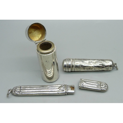 889 - A Victorian silver scent bottle, London 1883 by Sampson Mordan, lacking stopper, a silver cheroot ca... 