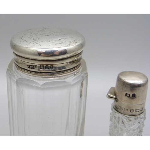 891 - Two silver topped bottles, one Asprey & Co., London 1911 and one scent bottle, Birmingham 1901