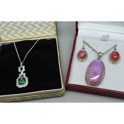 894 - A silver and pink stone set pendant and chain and earrings set, and a silver, green and white stone ... 