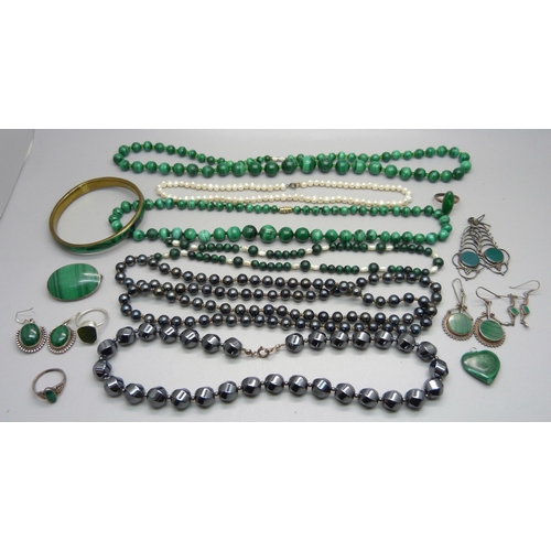 903 - A collection of silver and other jewellery including malachite and hematite mounted