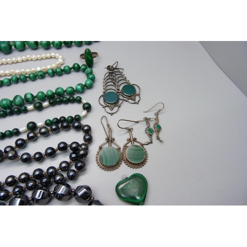 903 - A collection of silver and other jewellery including malachite and hematite mounted