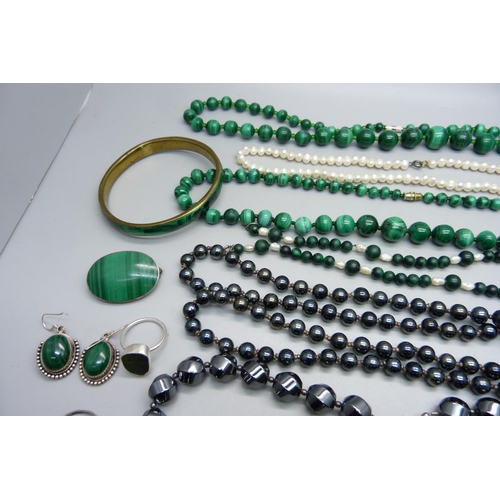 903 - A collection of silver and other jewellery including malachite and hematite mounted