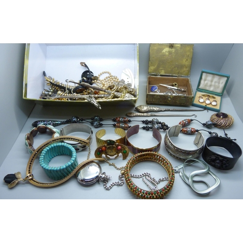 908 - A box of costume jewellery, watches, etc.