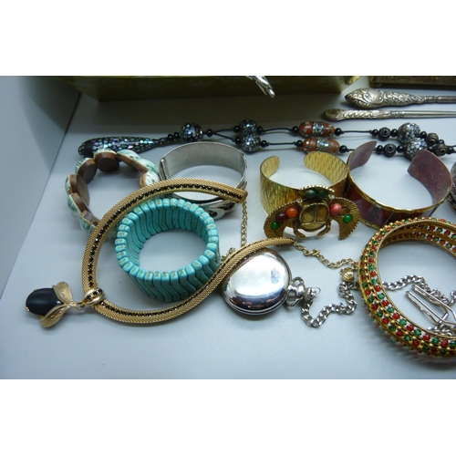 908 - A box of costume jewellery, watches, etc.