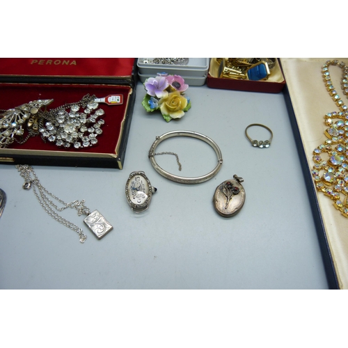 916 - A collection of costume jewellery including a silver cocktail wristwatch head, and a plated box