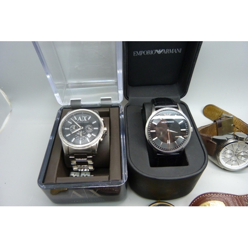 927 - Two boxed Armani watches and other watches including chronograph