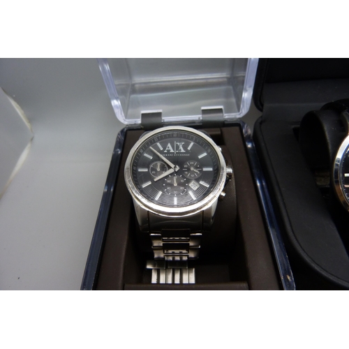 927 - Two boxed Armani watches and other watches including chronograph