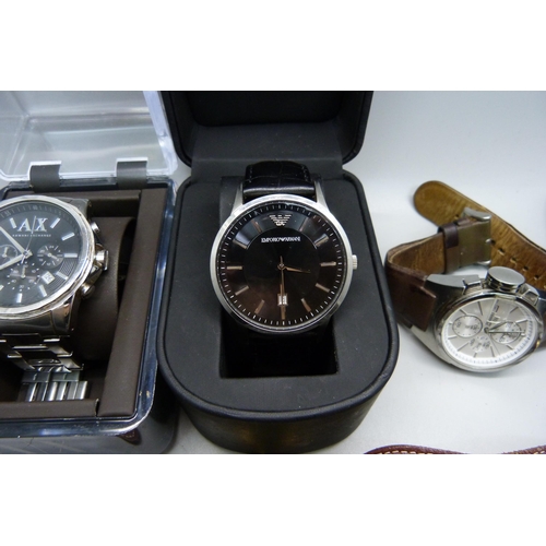 927 - Two boxed Armani watches and other watches including chronograph