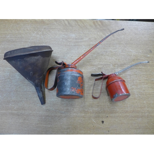 2027 - Two vintage oil cans and a petrol filter funnel