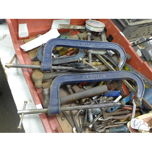 2035 - A tray of assorted items including- Marple's G-clamps,  gas torch and body work hammers etc