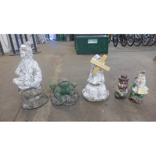 2245 - Five garden figures- windmill, frog, two gnomes and pig