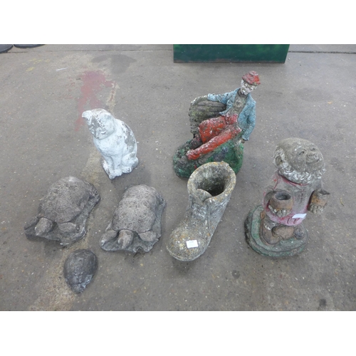 2248 - 7 Stone garden figures- Cat, two turtles, hedge hog, boot ,frier, and old man on bench