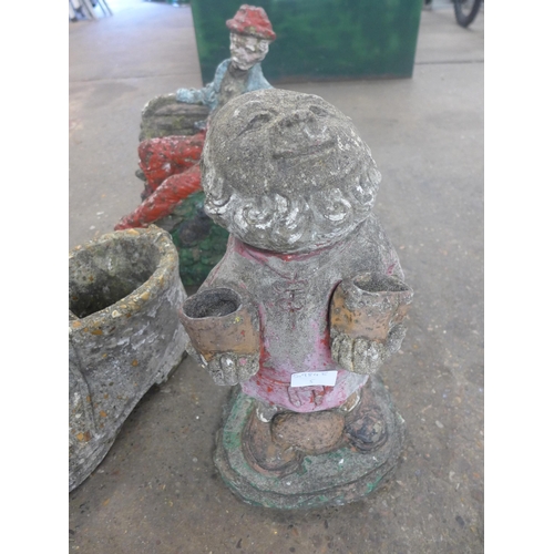 2248 - 7 Stone garden figures- Cat, two turtles, hedge hog, boot ,frier, and old man on bench