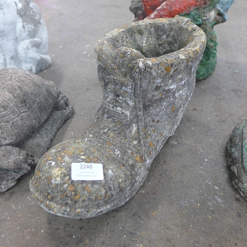 2248 - 7 Stone garden figures- Cat, two turtles, hedge hog, boot ,frier, and old man on bench