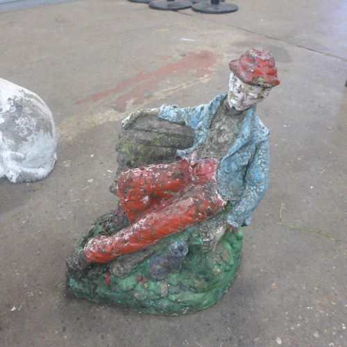 2248 - 7 Stone garden figures- Cat, two turtles, hedge hog, boot ,frier, and old man on bench