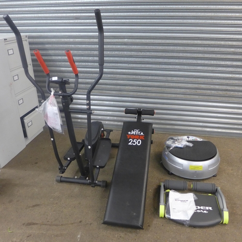 2265 - A quantity of gym equipment including a York 250 weights/exercise bench, an E-Strider E1660 cross tr... 