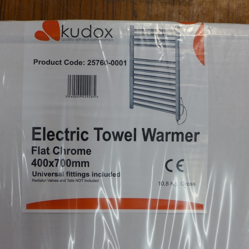 2285 - A Kudox flat chrome electric towel warmer, 400 x 700mm- boxed