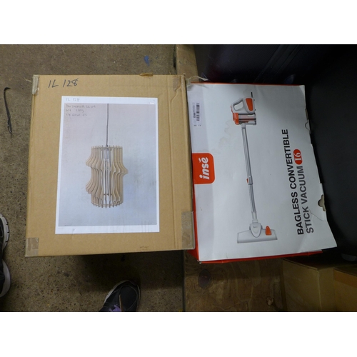 2450 - An INSE bagless convertible stick vacuum cleaner and a plywood pendant light fitting