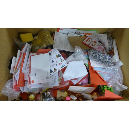 2453 - A box of assorted Christmas decoration, cards, etc.