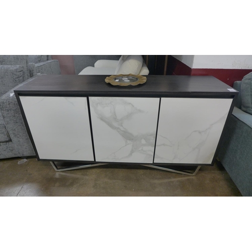 1408 - A black painted wood and marble effect three door sideboard * this lot is subject to VAT