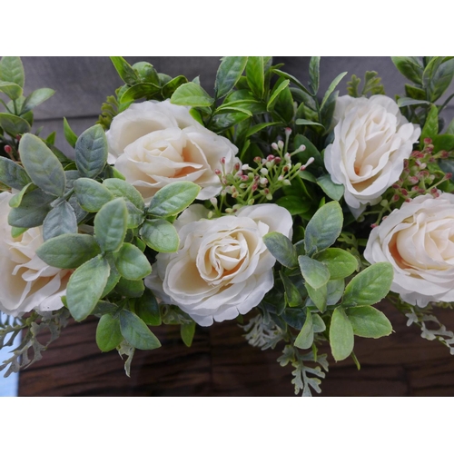 1457 - A display of white roses and leaves in a rustic wooden box - W 42cms (63087505)