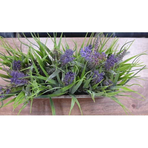 1469 - A faux lavender and onion grass in a rustic wooden box  - W 30cms  (65880005)