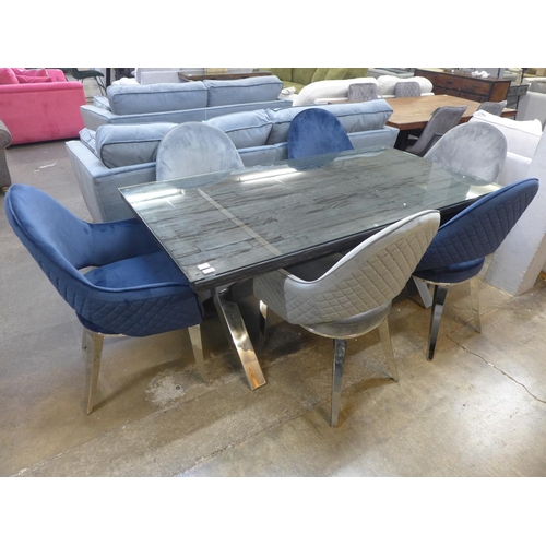 1487 - An Orissa black 180cm dining table with a harlequin set of blue and grey velvet club chairs * this l... 