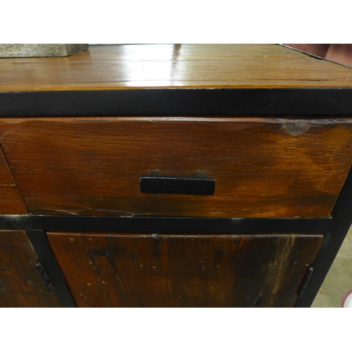 1491 - An industrial style hardwood and metal three door, three drawer cabinet on wheels * this lot is subj... 