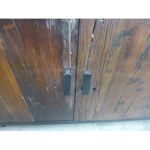 1491 - An industrial style hardwood and metal three door, three drawer cabinet on wheels * this lot is subj... 