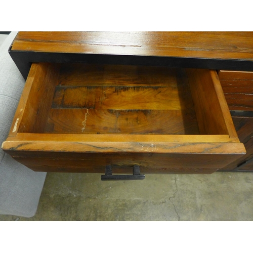 1491 - An industrial style hardwood and metal three door, three drawer cabinet on wheels * this lot is subj... 