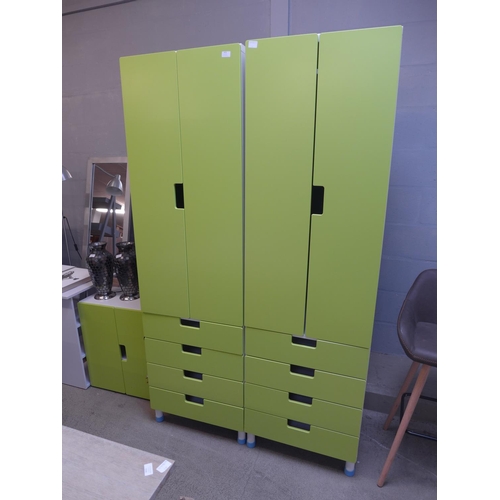 1625 - A pair of single four drawer wardrobes with green doors and a wall hanging cupboard