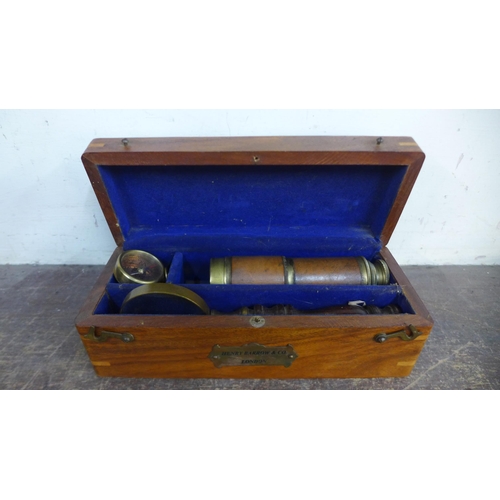 379 - A cased Henry Barrow & Co., telescope, compass and magnifying glass