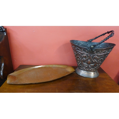 380A - An Arts and Crafts hammered copper tray and a coal scuttle