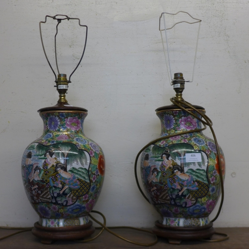 406 - A pair of Chinese famille vert porcelain table lamps