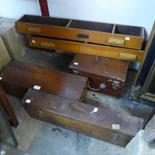 420 - Two vintage mahogany boxes, a pine box and two pine drawers