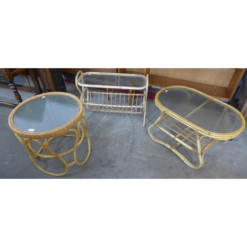 77 - Two bamboo coffee tables and a magazine rack