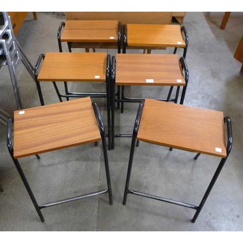 90 - A set of six teak and and black tubular steel stools