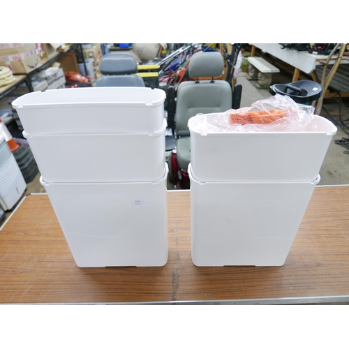 2351 - Five Initial waste bins and approx. 100 disposable scoop and scraper sets - unsued