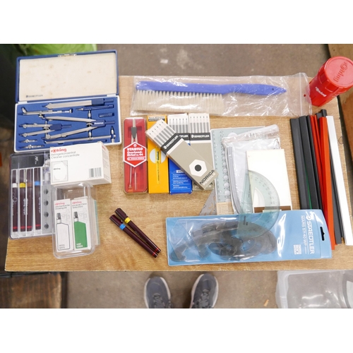 2418 - A quantity of drawing equipment including Rotring Isograph drawing pens and ink, a Staedtler Mars Su... 