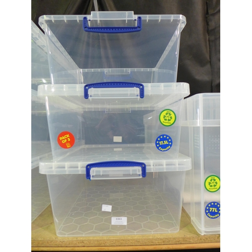 3361 - Three 17.5L capacity Really Useful Boxes - one lid missing