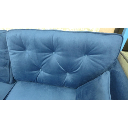 1997 - A pair of Hoxton blue velvet upholstered three seater sofas RRP £1598