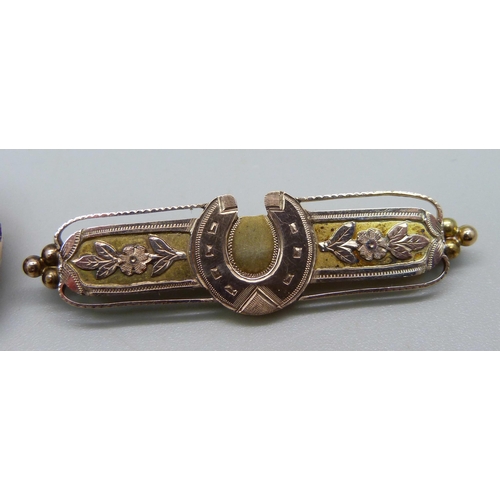 1011 - Two 9ct gold bar brooches with horseshoe designs, a 9ct gold and opal doublet set bar brooch, a 9ct ... 