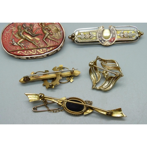 1011 - Two 9ct gold bar brooches with horseshoe designs, a 9ct gold and opal doublet set bar brooch, a 9ct ... 